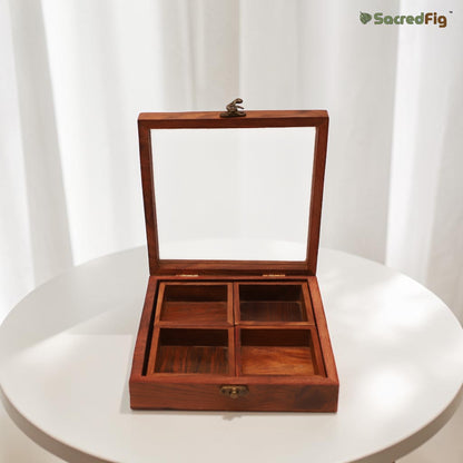SacredFig Sheesham Wood Multipurpose Box | 4 removable compartments, Black latch - 8x8 in