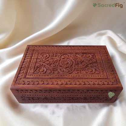 SacredFig Sheesham Wood Regal Gift Box, Floral Carving (12x8 inches)