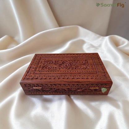 SacredFig Sheesham Wood Regal Gift Box, Floral Carving (10x6 inches)