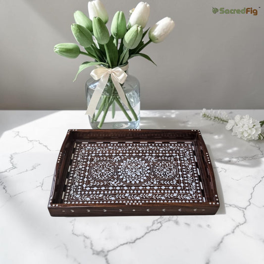SacredFig Handcrafted Sheesham Wood Inlay Tray – Floral Mandala Design (Heritage Collection) | 15 x 10 in | Rectangular Water-Resistant Serving & Decor Tray