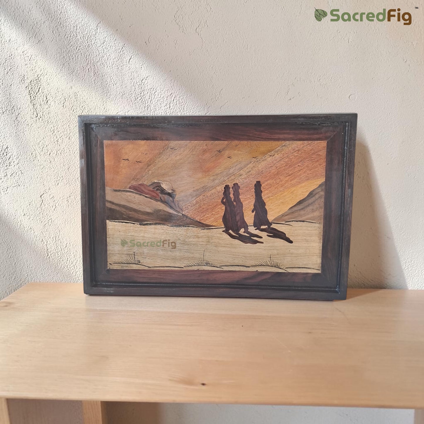 SacredFig Handcrafted  Wooden Inlay Wall Painting – Indian Lady Art Frame | Rustic Home Décor | 16 x 10 in
