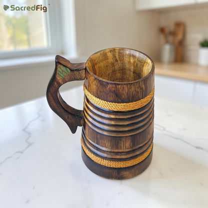 SacredFig Wooden Mug 350ml – Handcrafted unique Rustic design with Rope Detailing