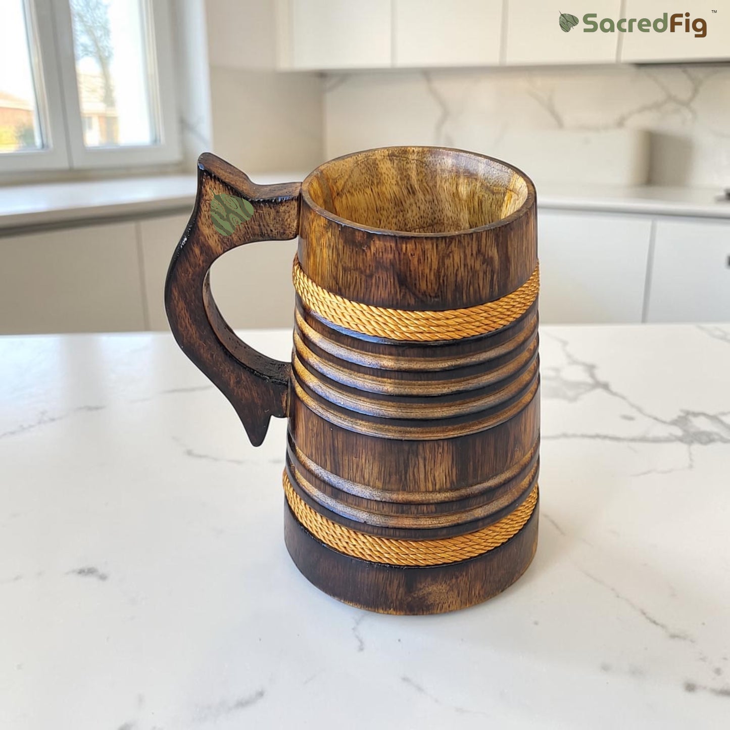 SacredFig Wooden Mug 350ml – Handcrafted unique Rustic design with Rope Detailing