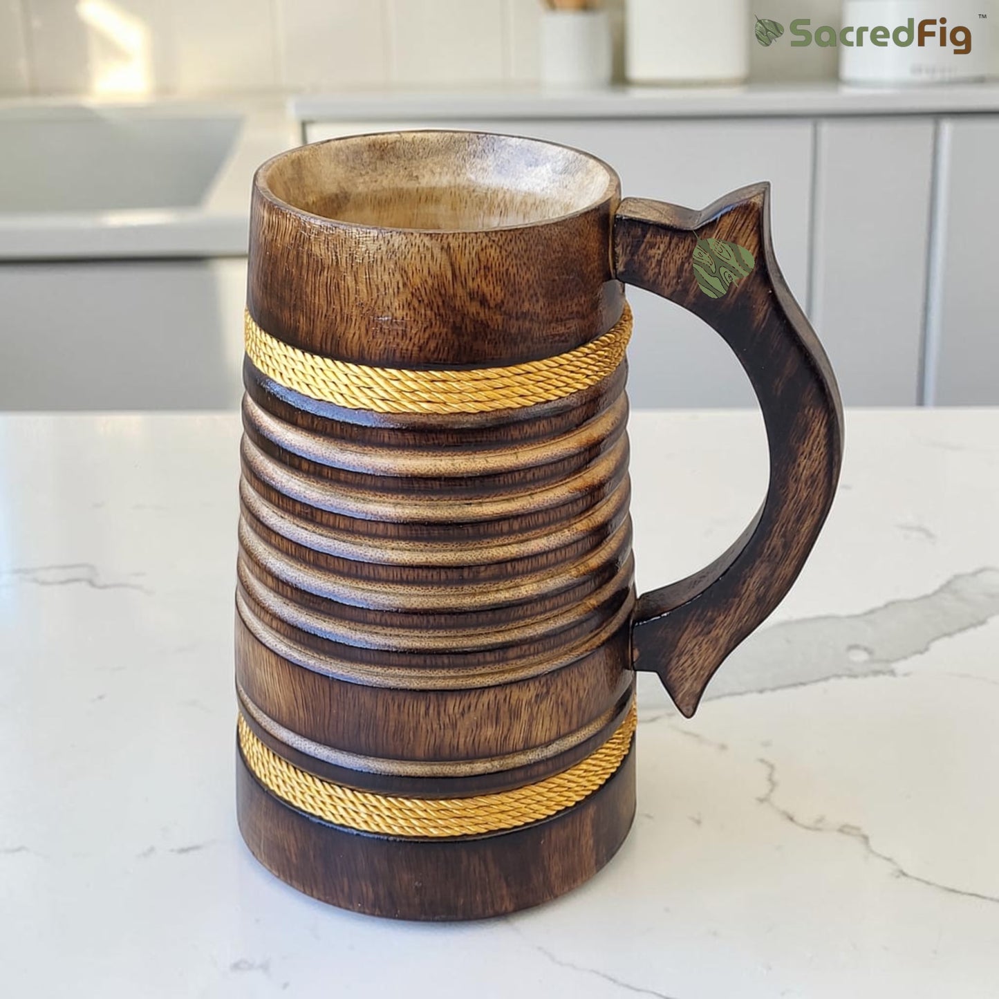 SacredFig Wooden Mug Large - 500ml – Handcrafted unique Rustic design with Rope Detailing