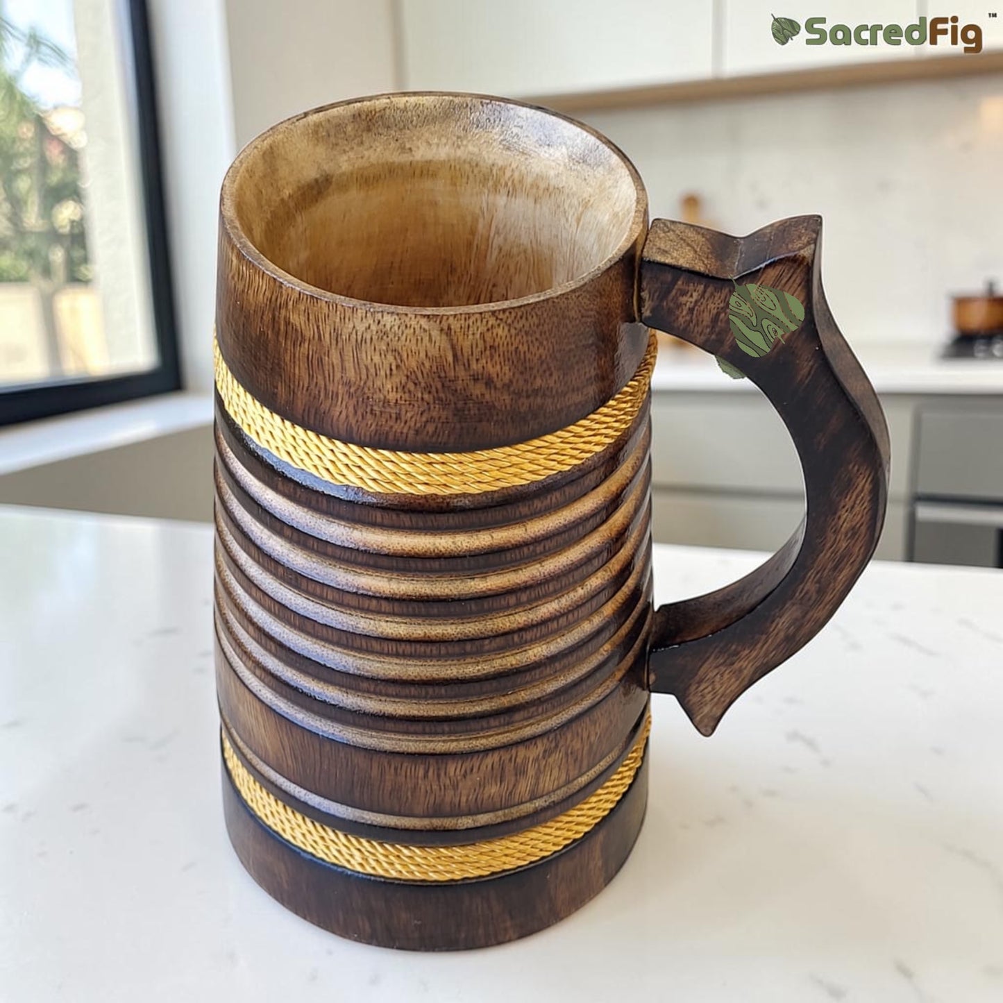 SacredFig Wooden Mug Large - 500ml – Handcrafted unique Rustic design with Rope Detailing