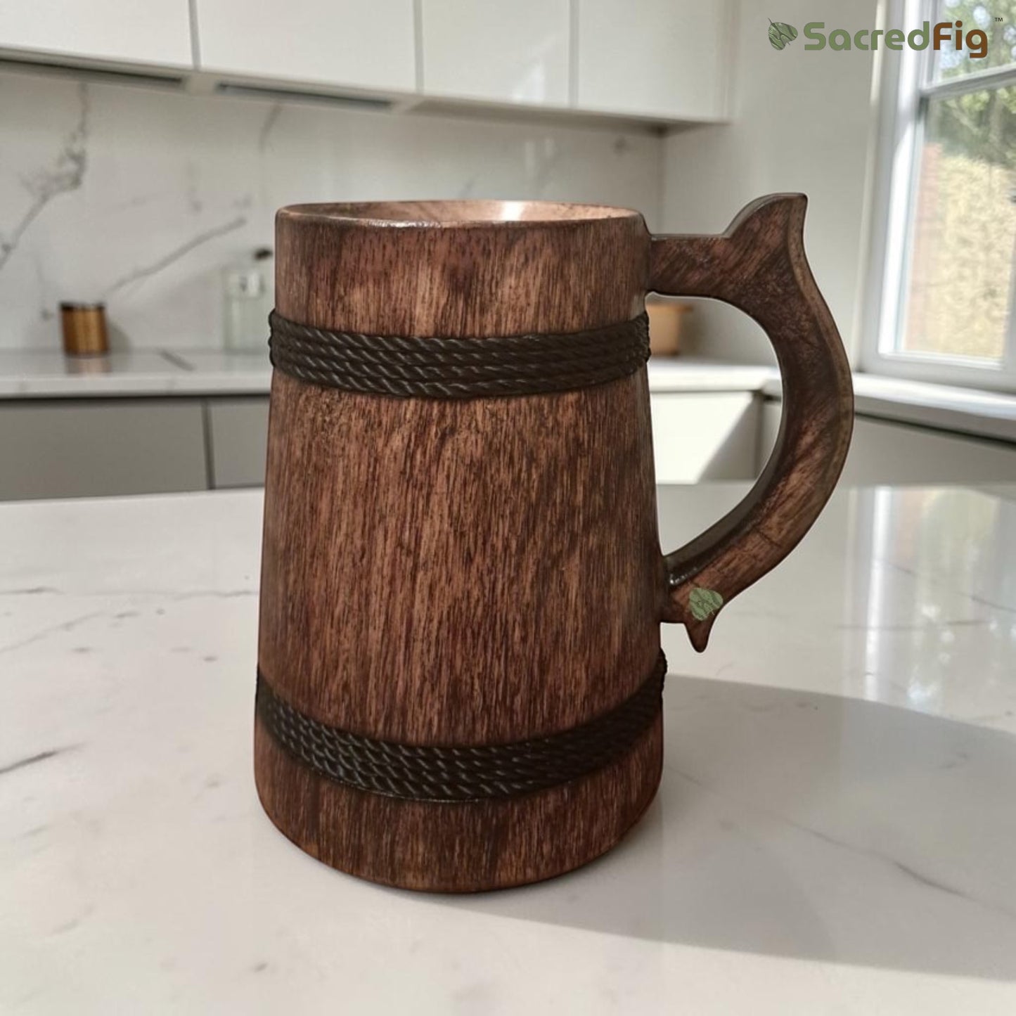 SacredFig Wooden Mug Large – 500 ml | Black Ring Design | Handcrafted Rustic Drinkware