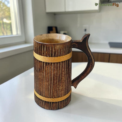 SacredFig Handcrafted Wooden Mug (500ml) – Large Striped Design with Golden Round Detail | Elegant Finish