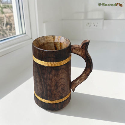 SacredFig Wooden Mug (500ml) | Vintage Style Coffee Mug with Golden Round Design | Handcrafted Elegant Matte Finish