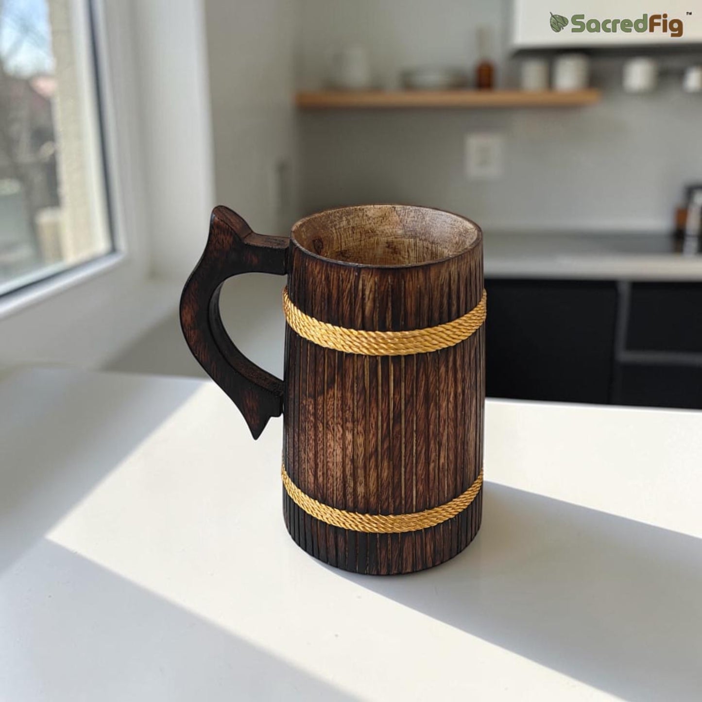 SacredFig Handcrafted Wooden Mug (350ml) – Small Striped Design with Golden Round Detail | Elegant Finish