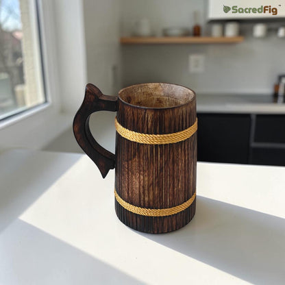 SacredFig Handcrafted Wooden Mug (350ml) – Small Striped Design with Golden Round Detail | Elegant Finish