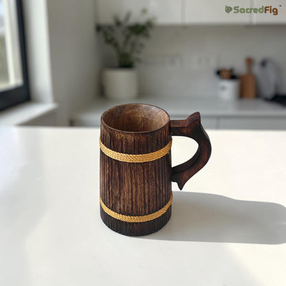 SacredFig Handcrafted Wooden Mug (350ml) – Small Striped Design with Golden Round Detail | Elegant Finish