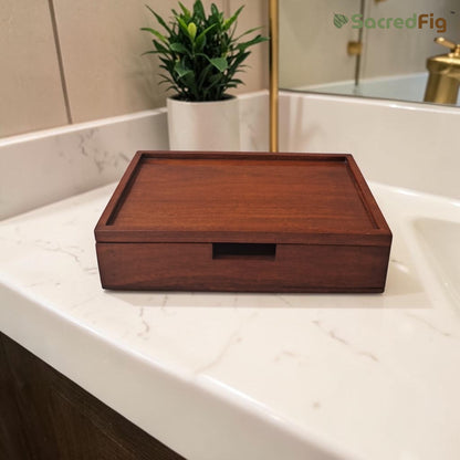 SacredFig Luxury Wooden Amenities Tray for Hotels | Acacia Wood Organizer with Glossy Dark Finish