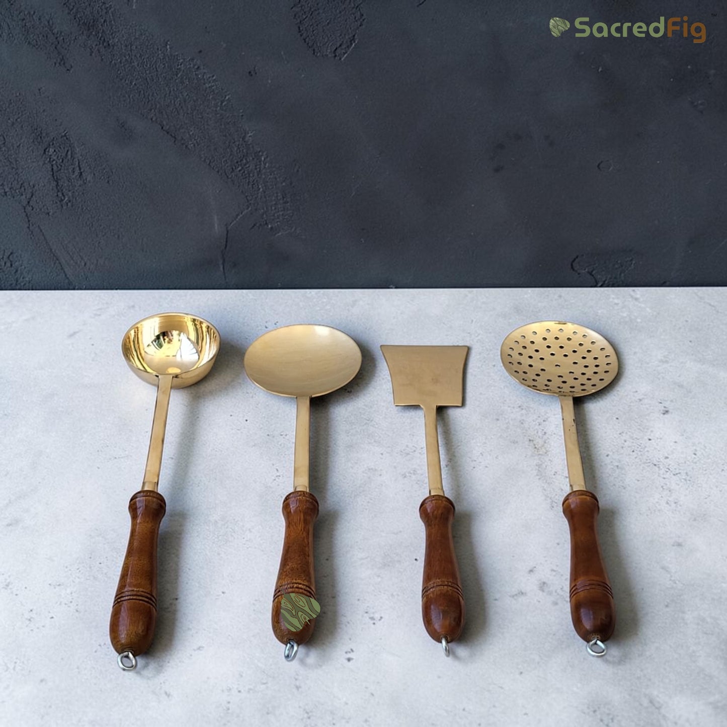SacredFig Brass Cooking Spoon & Ladle Set (Set of 4) | Elementary Series
