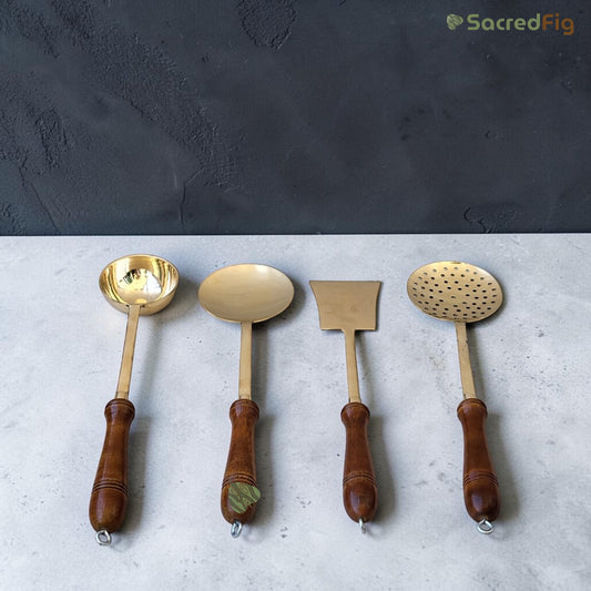 SacredFig Brass Cooking Spoon & Ladle Set (Set of 4) | Elementary Series