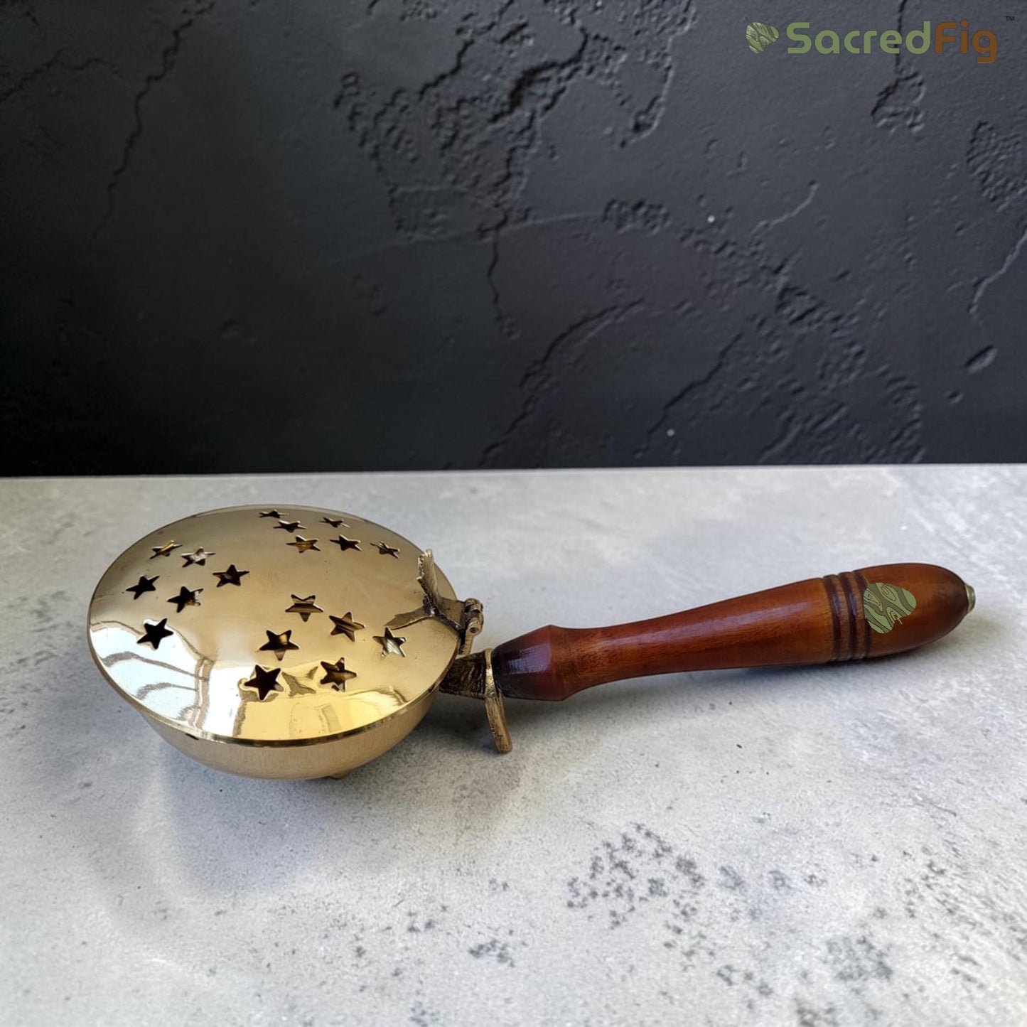 SacredFig Brass Dhoop Dani / Lobandaan with Wooden Handle
