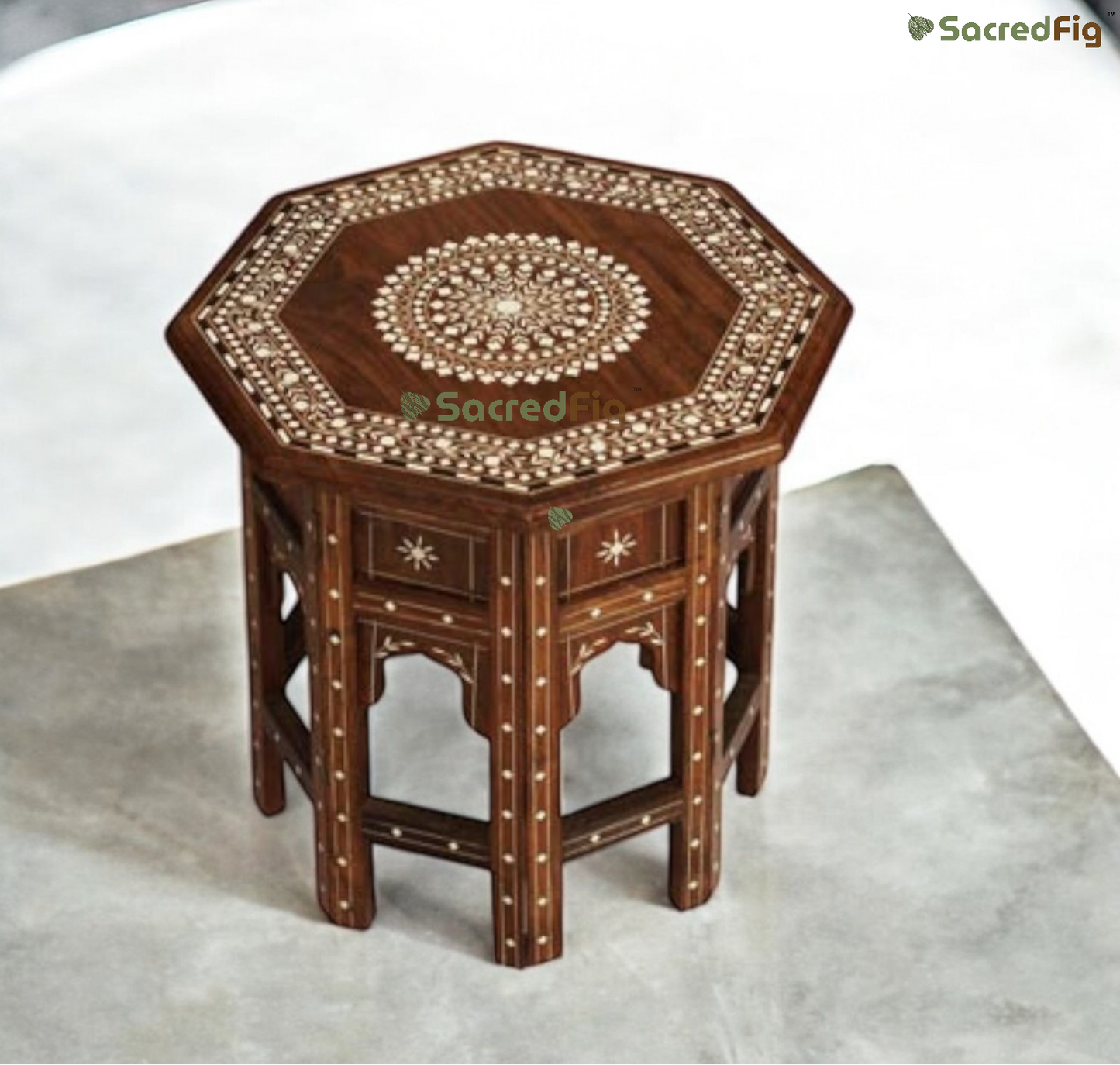 SacredFig Premium Sheesham Wood Table – Intricate Inlay Work | Handcrafted Octagonal Accent Table | 16 Inch