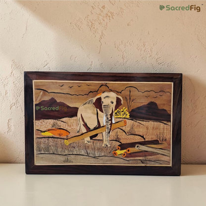SacredFig Elephant Carrying Wood Mysore Inlay Art Wall Frame | 12x18 In | Handmade Wooden Wall Decor | Traditional Artwork