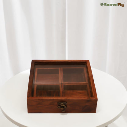 SacredFig Sheesham Wood Multipurpose Box | 4 removable compartments, Black latch - 8x8 in