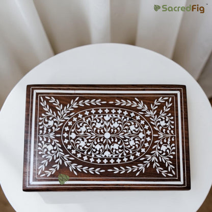 SacredFig Wooden Decorative Gift Box with Intricate Floral Heavy Work Design | 9×6 In | Premium Sheesham Wood Handcrafted Storage Box