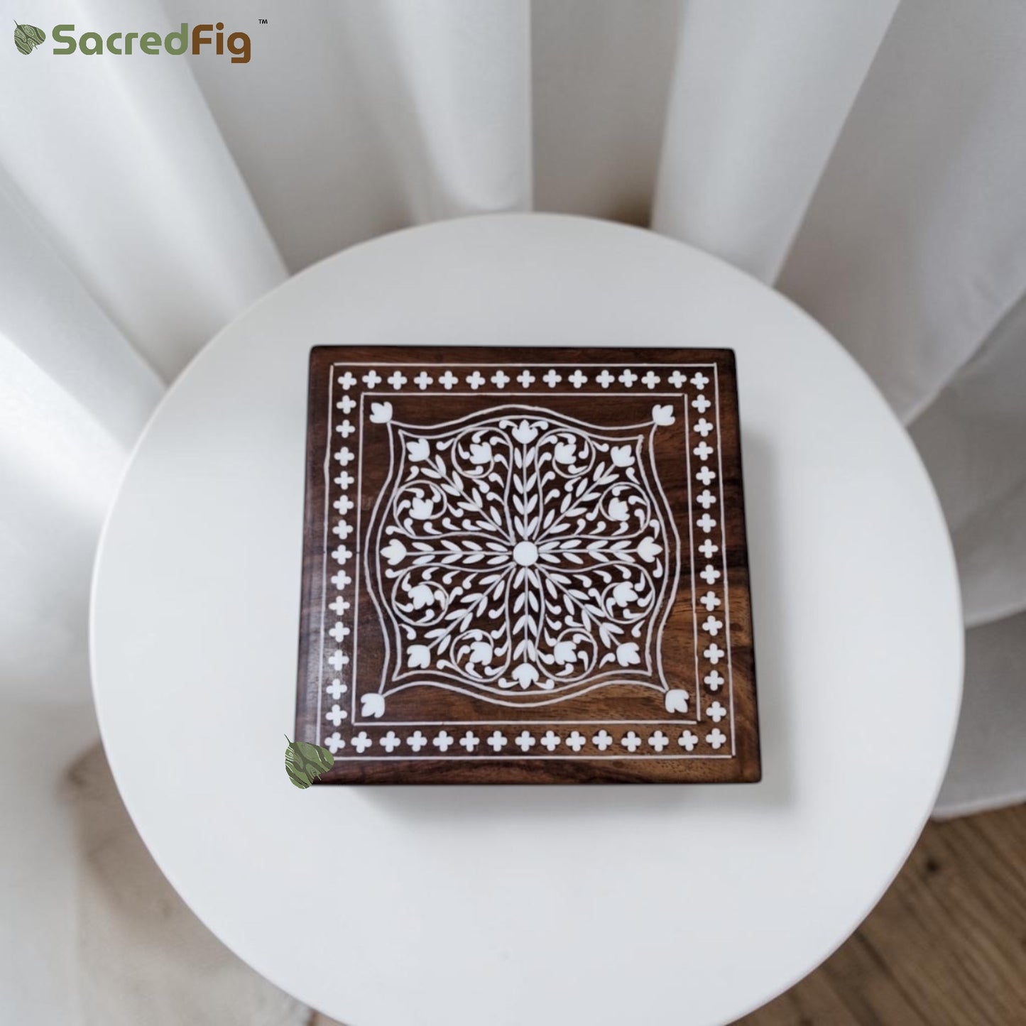 SacredFig Wooden Decorative Square Gift Box with Mandala Intricate Design |6×6 In| Premium Sheesham Wood Handcrafted Storage Box