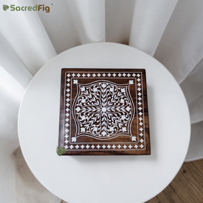 SacredFig Wooden Decorative Square Gift Box with Mandala Intricate Design |6×6 In| Premium Sheesham Wood Handcrafted Storage Box