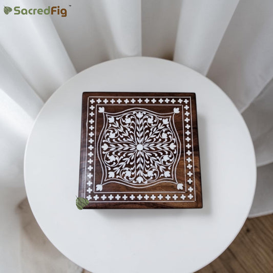 SacredFig Wooden Decorative Square Gift Box with Mandala Intricate Design |6×6 In| Premium Sheesham Wood Handcrafted Storage Box