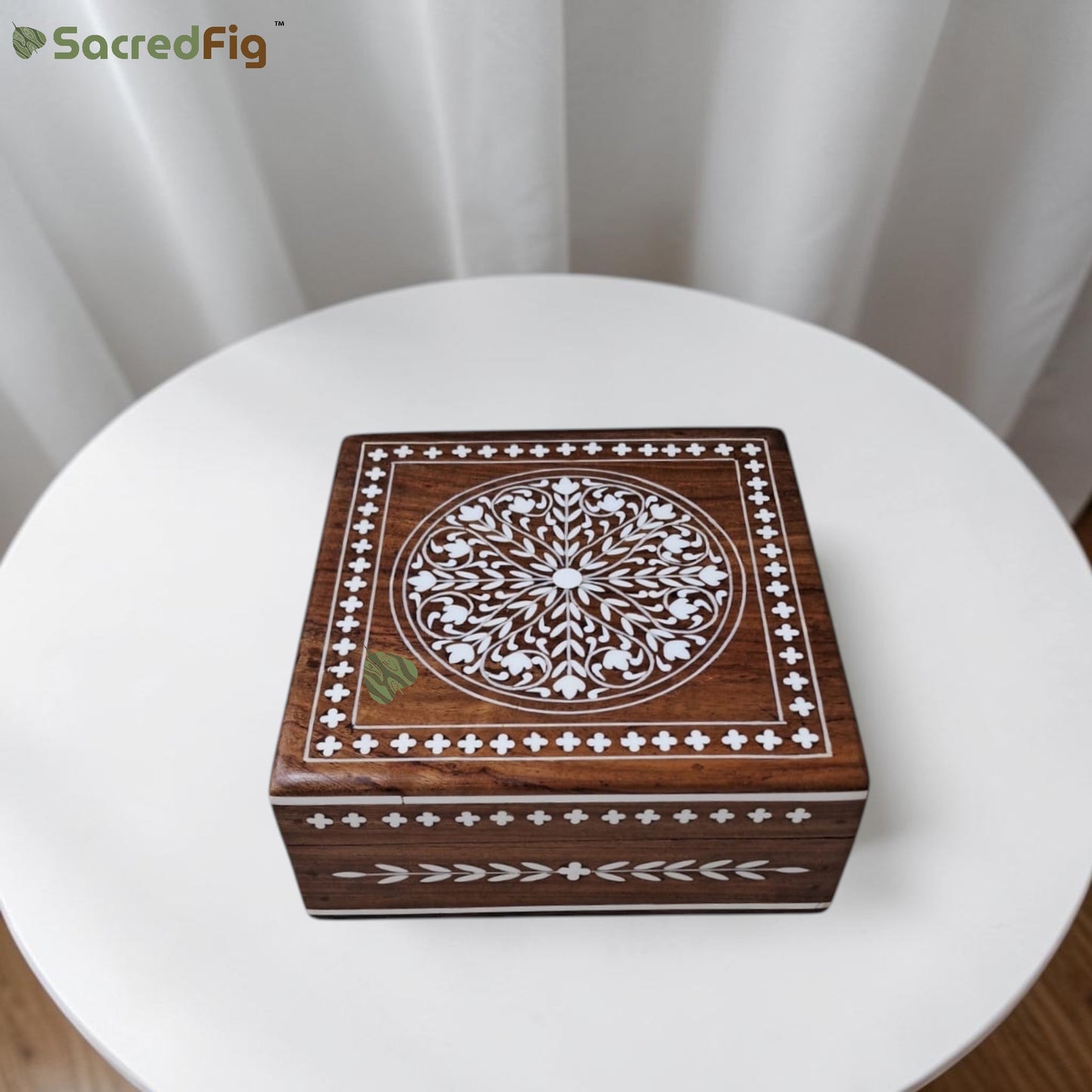 SacredFig Wooden Decorative Square Gift Box with Mandala Mosaic Design | 6×6 In | Premium Sheesham Wood Handcrafted Storage Box