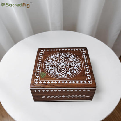 SacredFig Wooden Decorative Square Gift Box with Mandala Mosaic Design | 6×6 In | Premium Sheesham Wood Handcrafted Storage Box