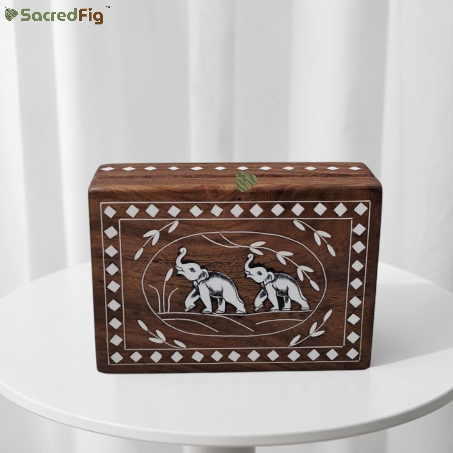 SacredFig Wooden Decorative Gift Box with Elephant Duo Design | 7×5 In | Premium Sheesham Wood Handcrafted Storage Box