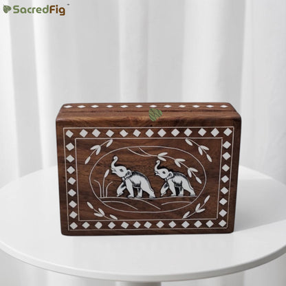 SacredFig Wooden Decorative Gift Box with Elephant Duo Design | 7×5 In | Premium Sheesham Wood Handcrafted Storage Box