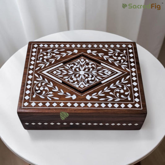 SacredFig Wooden Decorative Gift Box with Geometric Diamond Pattern | 8×6 In | Premium Sheesham Wood Handcrafted Storage Box
