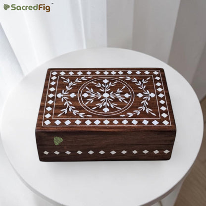 SacredFig Wooden Decorative Gift Box with Imperial Bloom Design | 7×5 In | Premium Sheesham Wood Handcrafted Storage Box