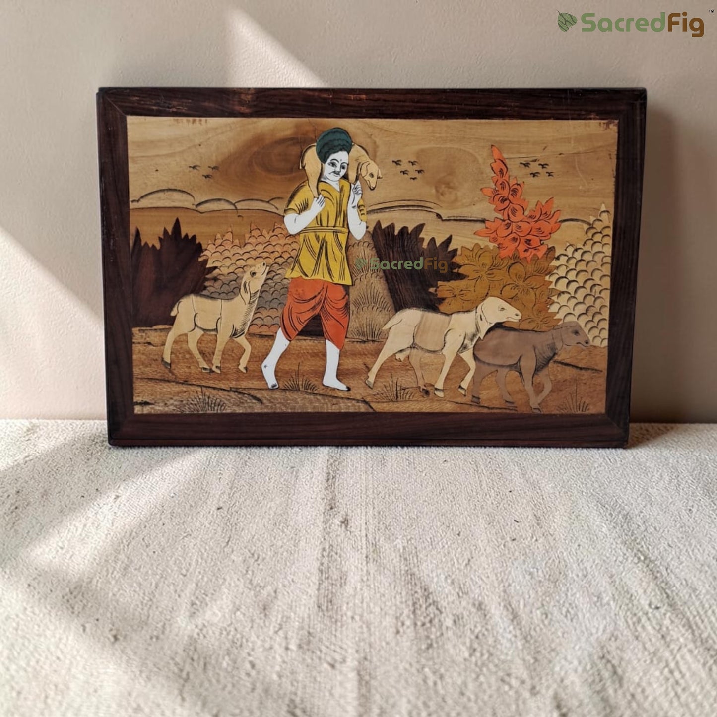 SacredFig Guardian of the Herd Wooden Mysore Inlay Art Wall Frame | 12x18 In | Handmade Wooden Wall Decor | Traditional Artwork