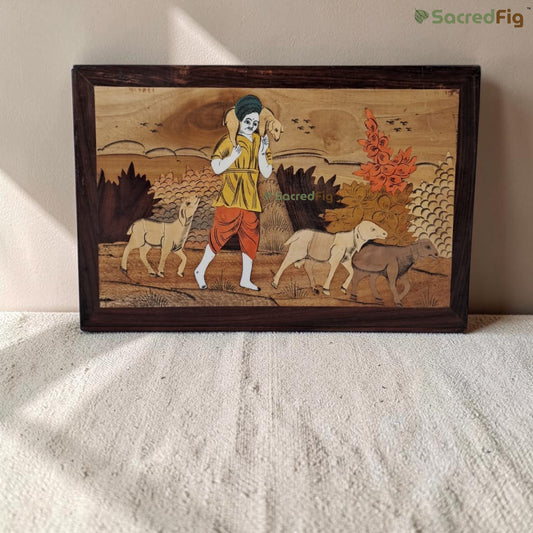 SacredFig Guardian of the Herd Wooden Mysore Inlay Art Wall Frame | 12x18 In | Handmade Wooden Wall Decor | Traditional Artwork