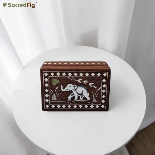 SacredFig Wooden Inlay Work Gift Box with Elephant Motif | 6×4 In | Premium Sheesham Wood Decorative Storage Box