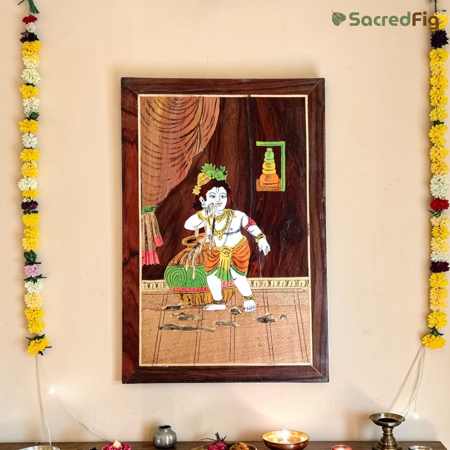 Krishna Ji Wall Decor | Mysore Inlay Wooden Art | Natural Wood Texture | 30x45 cm