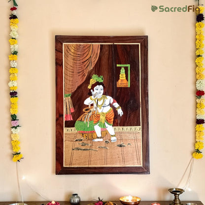 Krishna Ji Wall Decor | Mysore Inlay Wooden Art | Natural Wood Texture | 30x45 cm