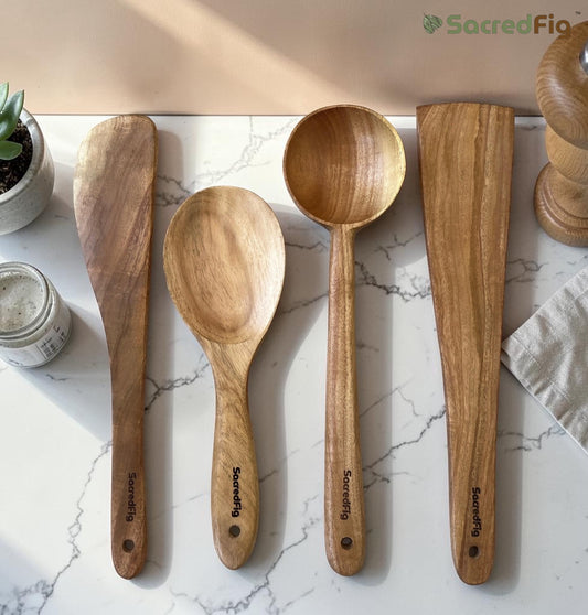 SacredFig Wooden Spatula Set – Neem Wood | Set of 4 | Natural & Durable Utensils for Everyday Cooking