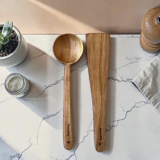 SacredFig Wooden Neem Wood  Spatula | Set of 2 | Natural & Durable Utensils for Everyday Cooking