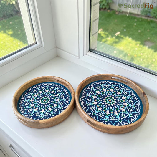 SacredFig Serving and Decorative Round Tray| Multicolored Mosaic Tray| Set of 2 | S 12×2 in| L 14×2 in