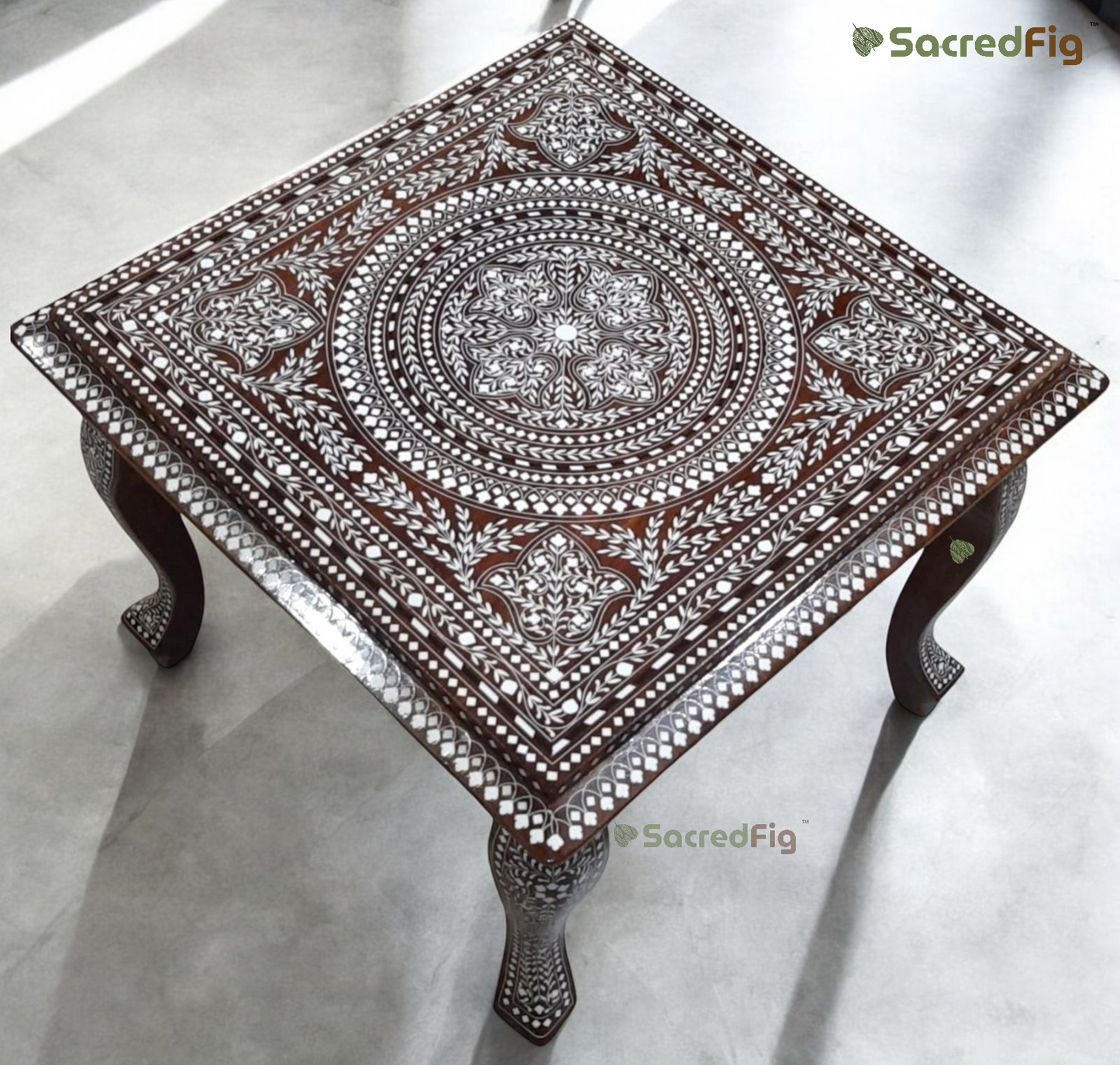 SacredFig Premium Sheesham Wood Table – White Inlay Work | Handcrafted Accent Table | 20 Inch
