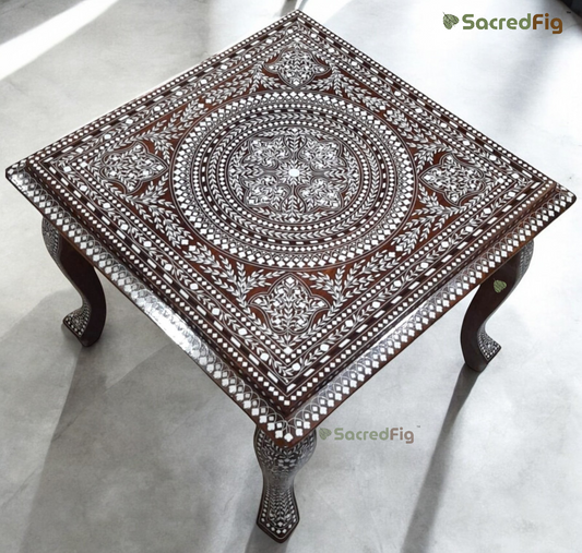 SacredFig Premium Sheesham Wood Table – White Inlay Work | Handcrafted Accent Table | 20 Inch