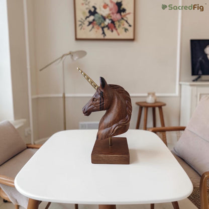 SacredFig Handcrafted Wooden Unicorn Figurine | 7x3.5 in | Polish Finish | Decorative Showpiece for Home & Gifting