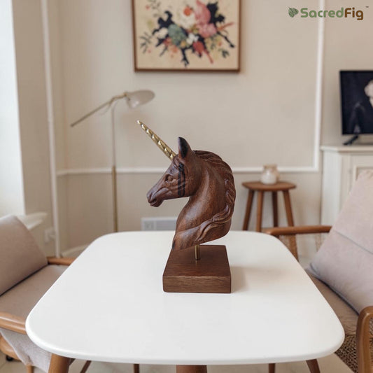 SacredFig Handcrafted Wooden Unicorn Figurine | 7x3.5 in | Polish Finish | Decorative Showpiece for Home & Gifting