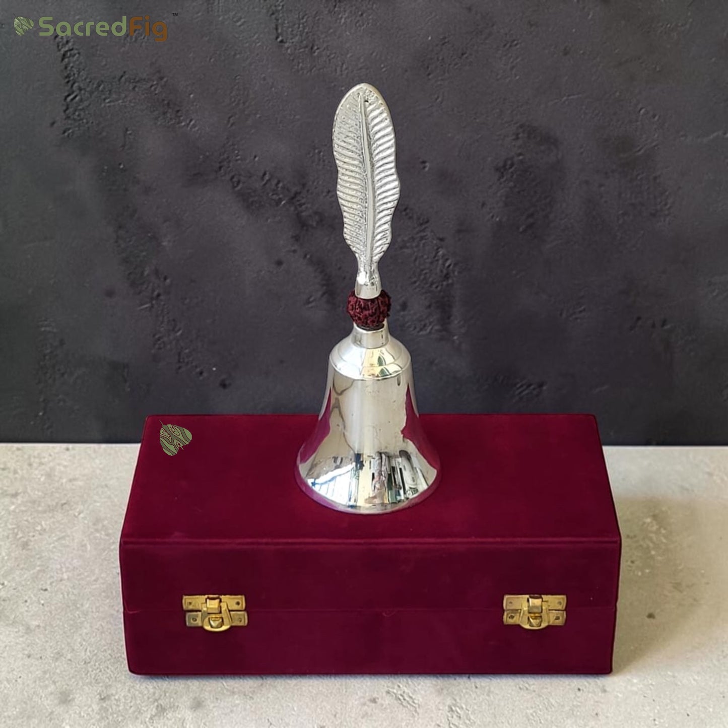SacredFig Silver Brass Bell – Silver Polish (23 x 7cm) | Feather Handle Decorative Bell with Gift Box