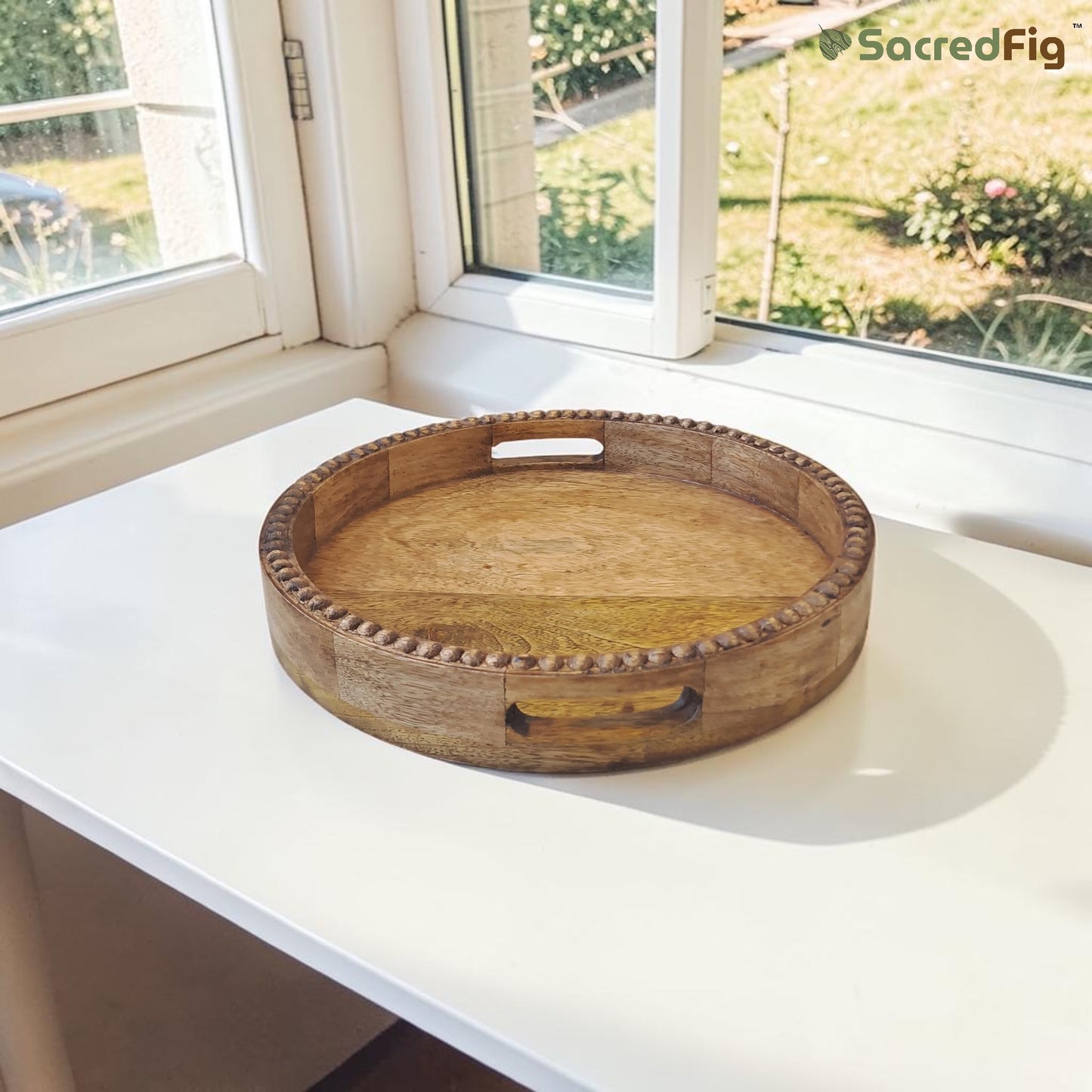 SacredFig Wooden Tray for Serving & Decor - 12 in (d) | Round, Natural Wood Finish