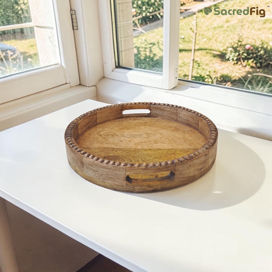 SacredFig Wooden Tray for Serving & Decor - 12 in (d) | Round, Natural Wood Finish