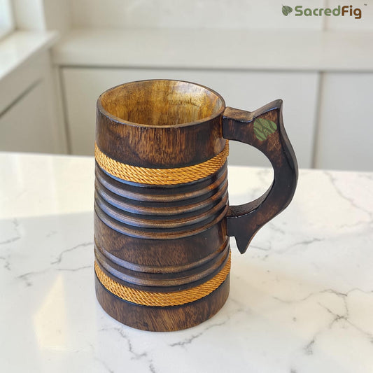 SacredFig Wooden Mug 350ml – Handcrafted unique Rustic design with Rope Detailing