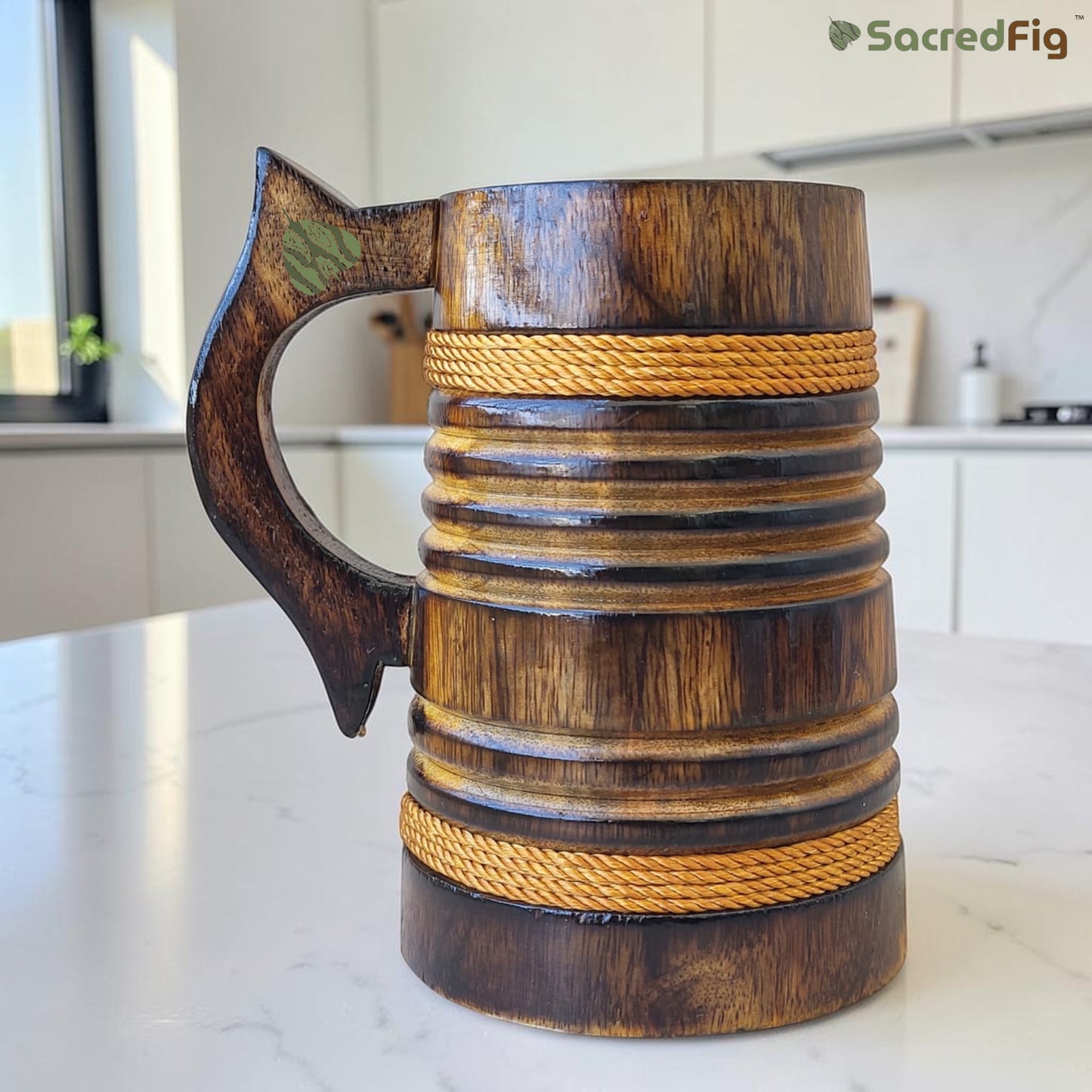 SacredFig Wooden Mug Large - 500ml – Handcrafted unique Rustic design with Rope Detailing