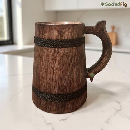 SacredFig Wooden Mug Large – 500 ml | Black Ring Design | Handcrafted Rustic Drinkware